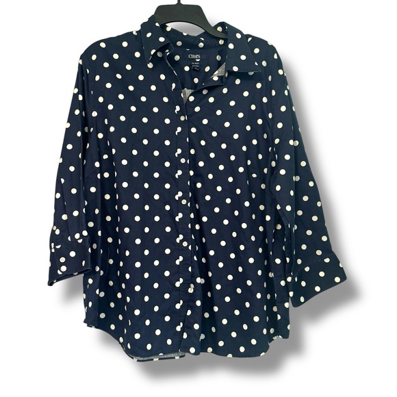 CHAPS Women Sz 2X Button Up Polka Dot Navy Blue  Shirt Blouse 3/4 Sleeve Non Iro - Picture 1 of 9